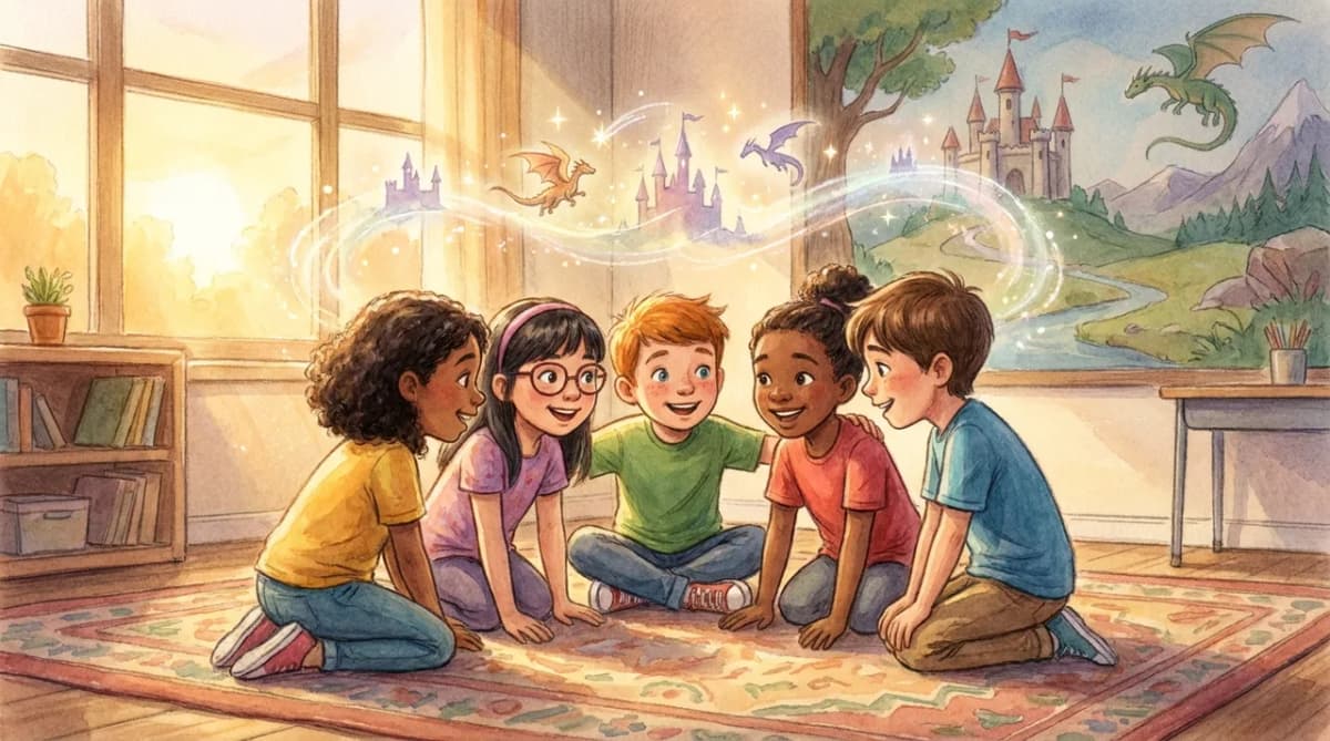 A small group of young students sitting in a circle, leaning in with delight as they imagine a shared adventure story together