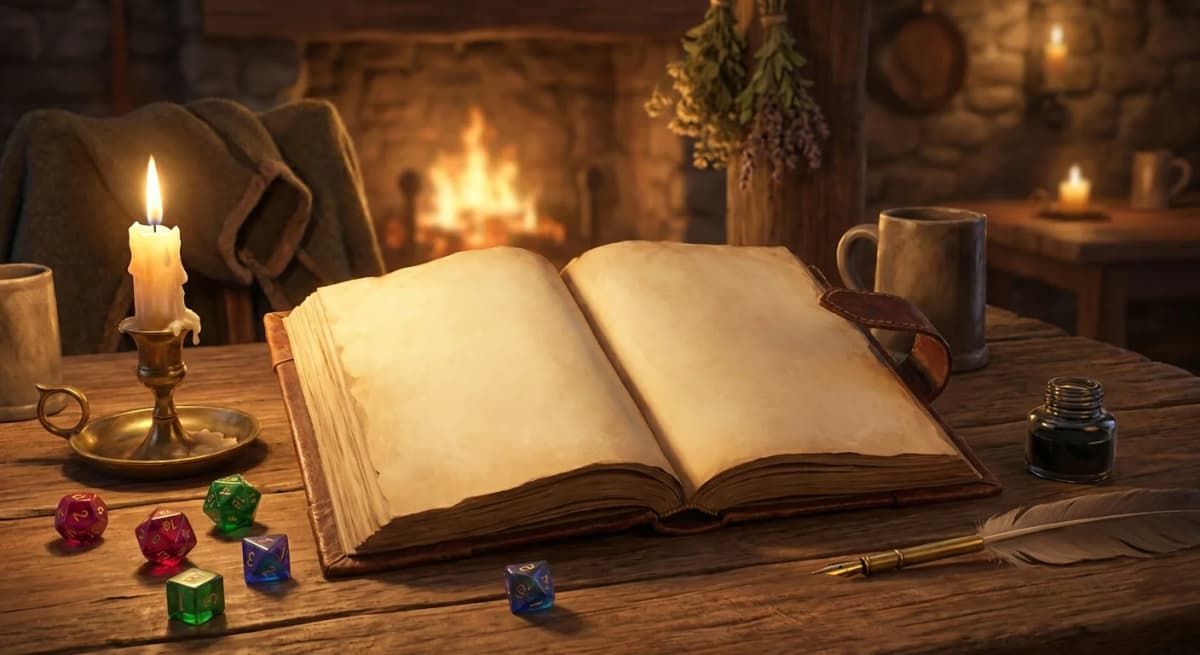 An open leather-bound rulebook on a wooden table beside scattered polyhedral dice and a glowing candle, warm and inviting