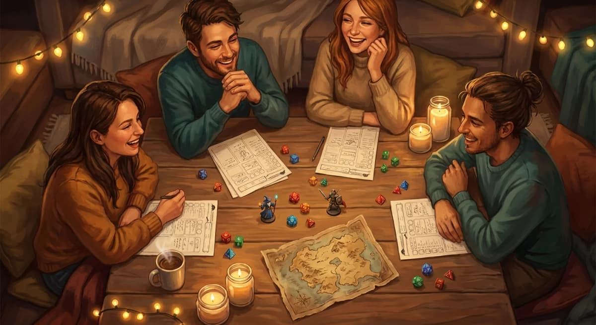 Friends laughing around a candlelit table on game night with polyhedral dice, character sheets, and a fantasy map