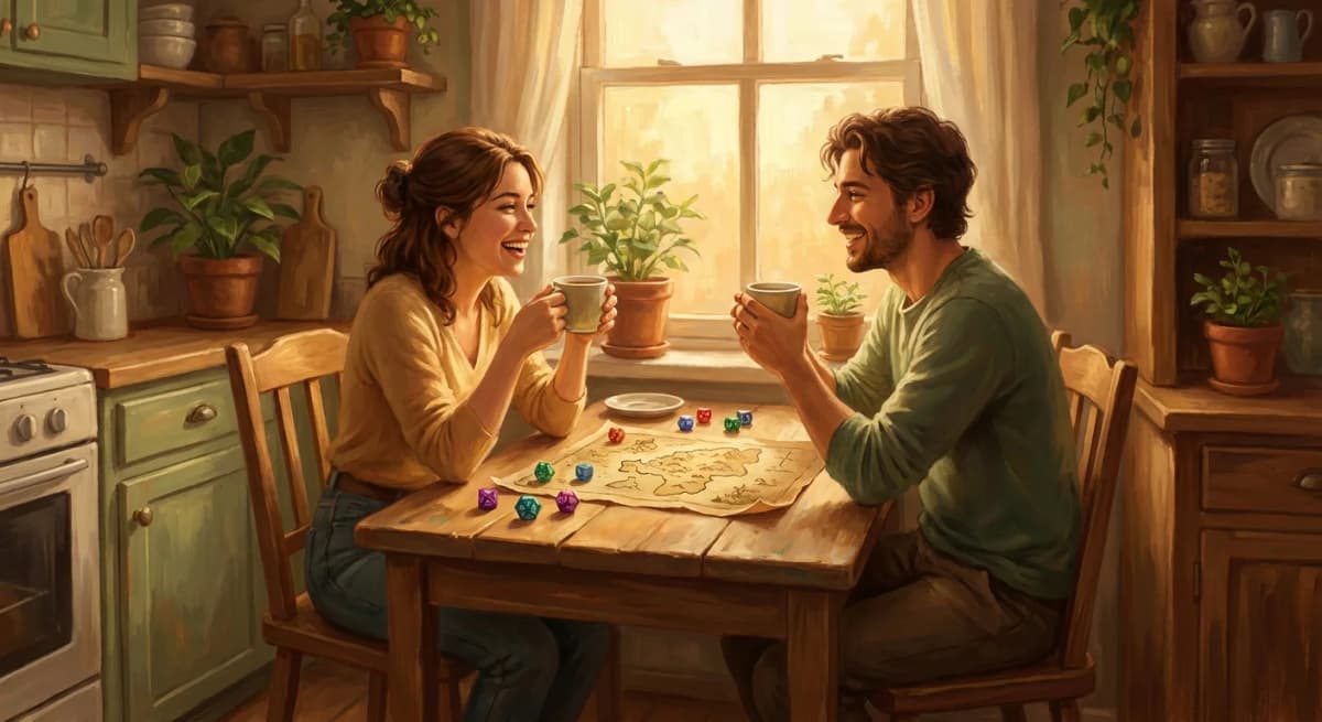 Two friends smiling over tea, dice, and a small fantasy map at a sunlit kitchen table