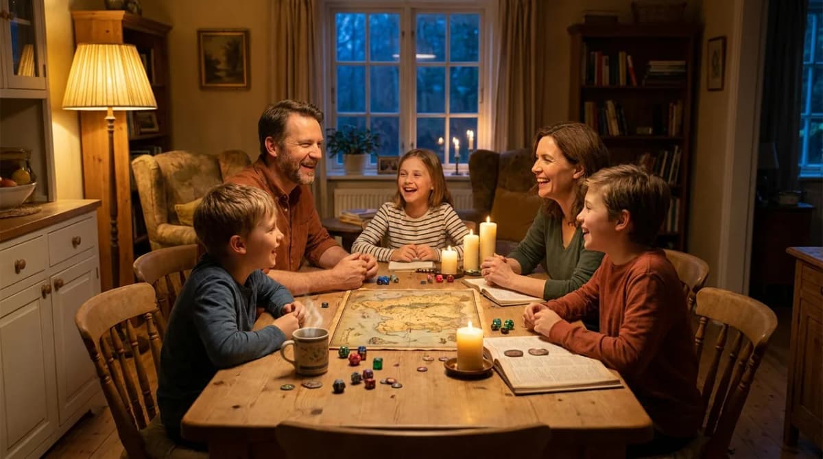 A family of mixed ages laughing around a candlelit table with a fantasy map and dice on a cozy game night
