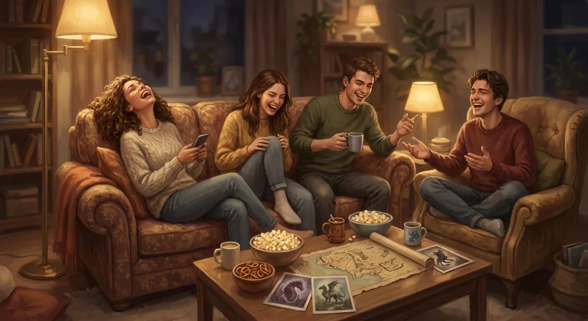 Four friends laughing together on a cozy couch during a game night, with a fantasy map and creature cards on the table