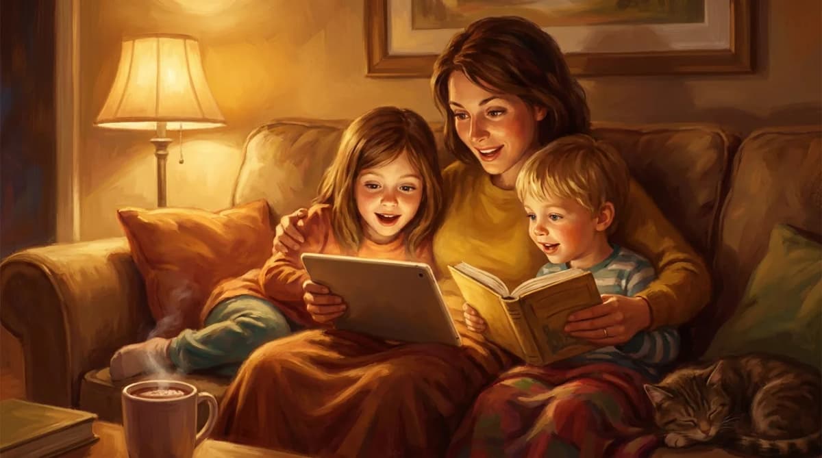 A mother and two young children reading together on a cozy couch by warm lamplight on a family game night