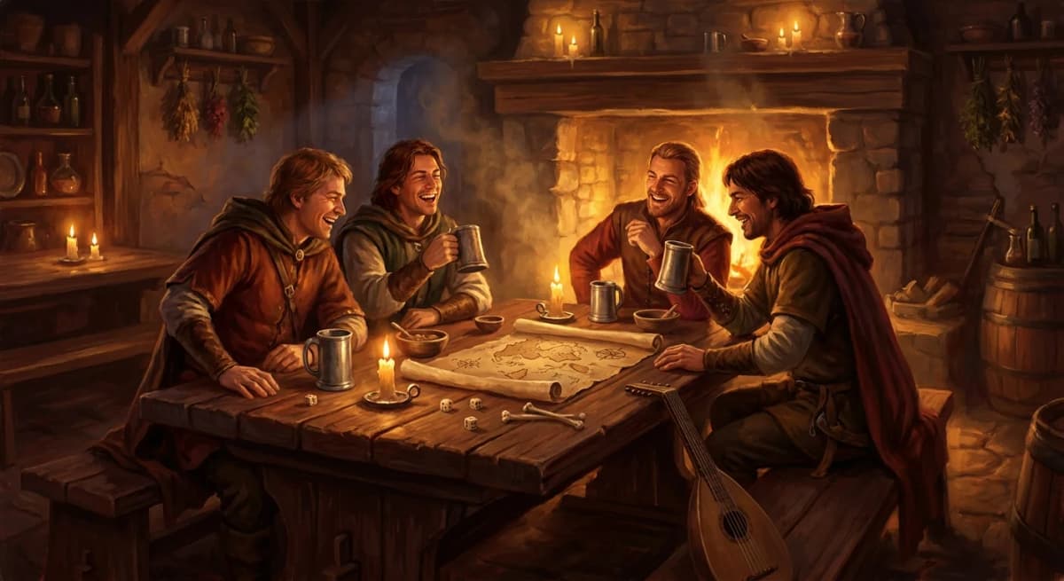 A warm candlelit tavern scene with friends gathered around a wooden table, dice and mugs, a fantasy map unrolled between them