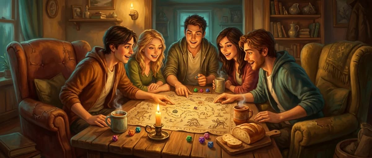 Five friends leaning over a candlelit table with a fantasy map and dice during a cozy game night