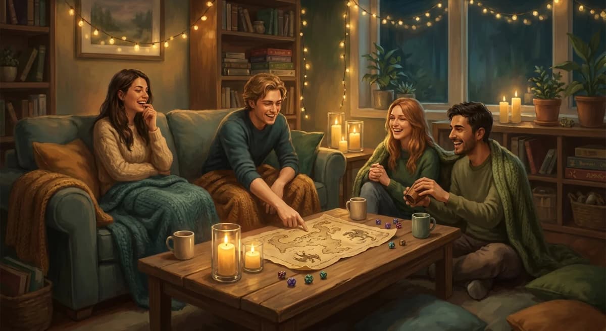 Friends laughing together on a couch around a treasure map and dice during a cozy candlelit game night