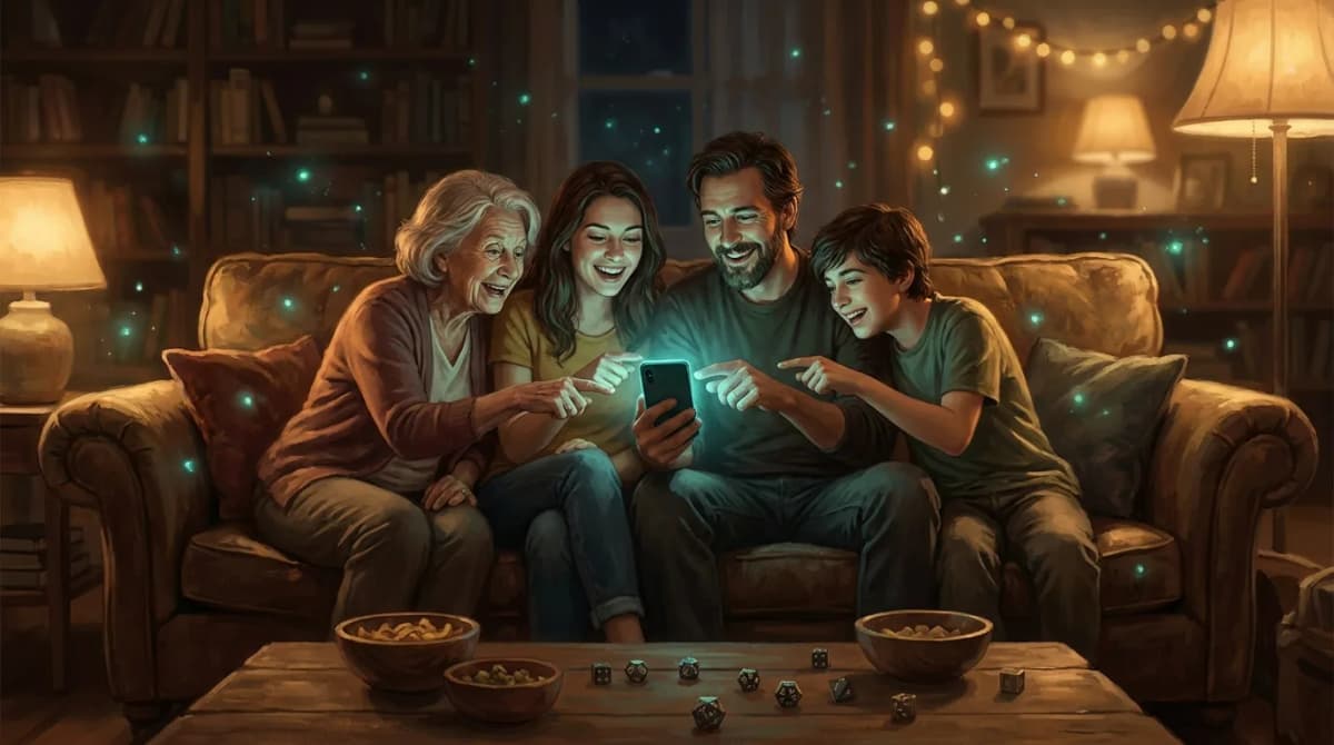 Four friends huddled together on a cozy couch at night, laughing and leaning toward a single glowing phone with dice and snacks on the table