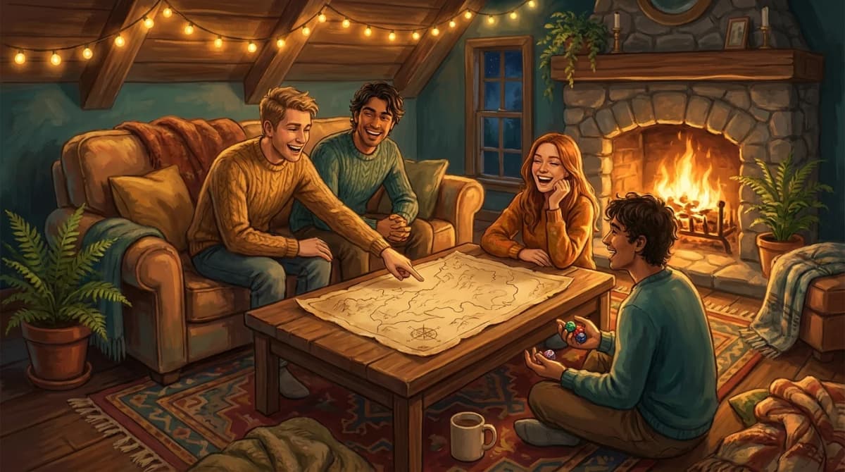 Four friends laughing together around a fantasy map and dice by a glowing fireplace on game night
