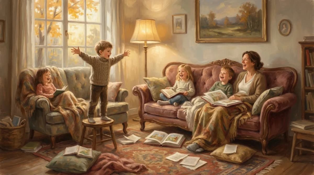 A cozy living room at golden hour where a child performs a story aloud while a parent and other kids laugh and watch