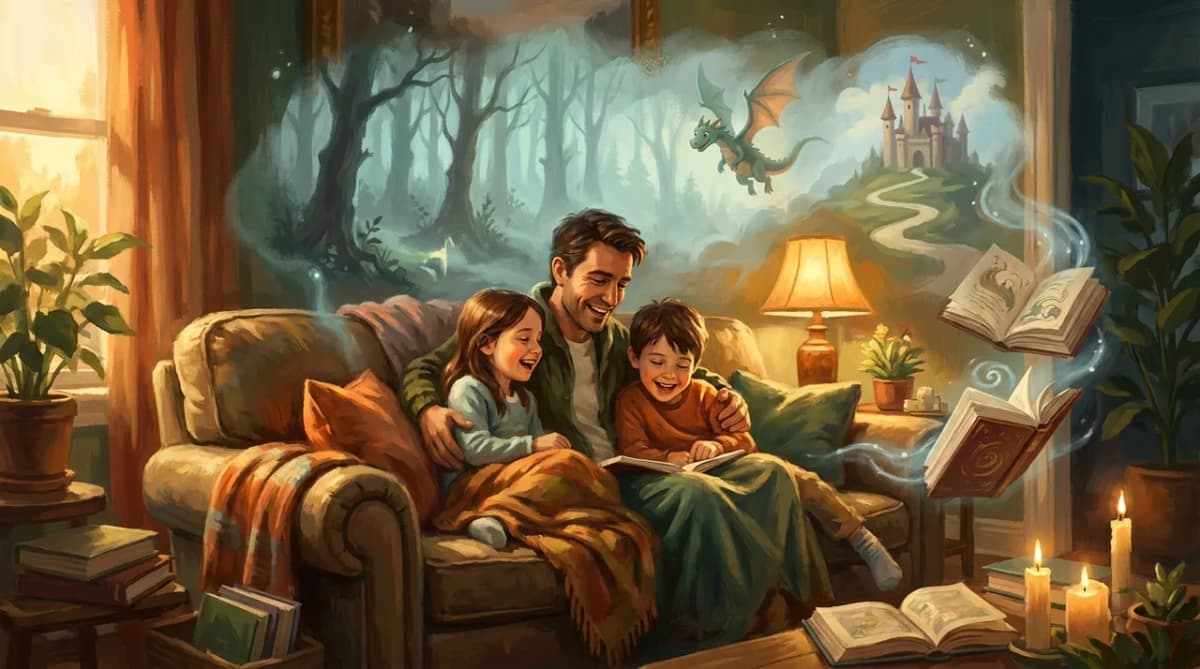 A parent and two children laughing together on a couch as a misty fantasy world of forests, a dragon, and a castle blooms around them