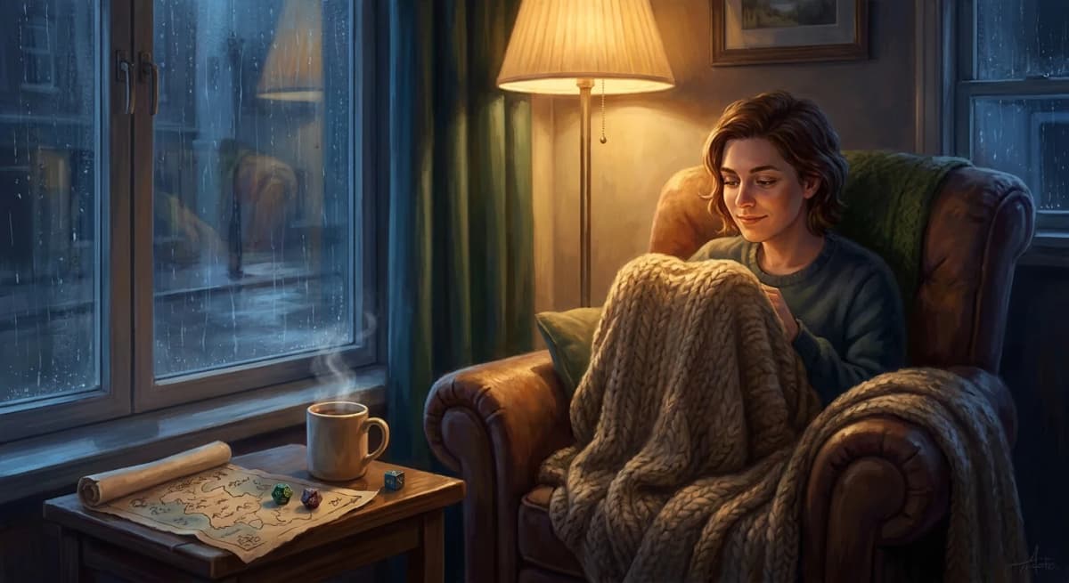 A person relaxing alone in a cozy armchair by a rainy window with a warm mug, a fantasy map, and dice