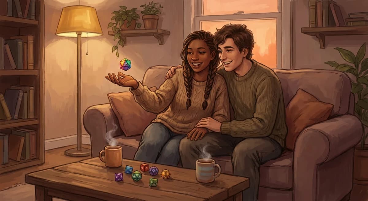 Three friends on a cozy couch laughing over phones and laptops with dice and snacks, an impromptu game night in progress