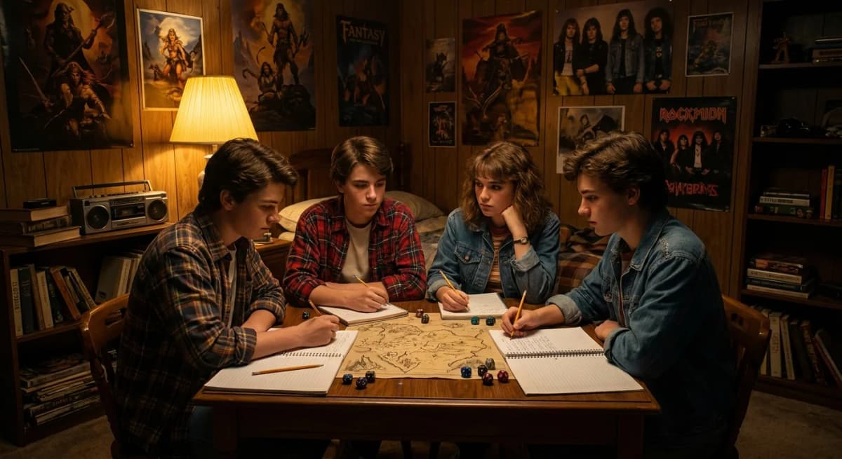 A group of teenagers around a cluttered bedroom table with dice and notebooks, a warm lamp and a feeling of an adventure about to begin, 1980s suburban atmosphere