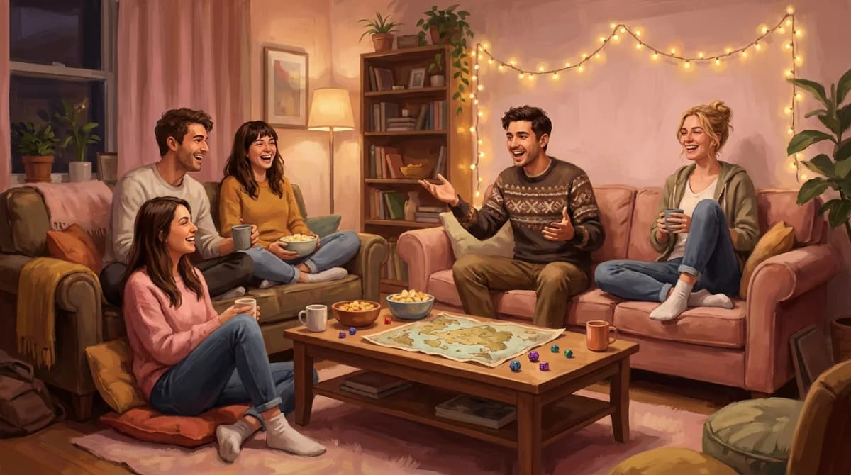 A group of friends laughing on couches with snacks, mugs, a fantasy map, and dice under warm string lights