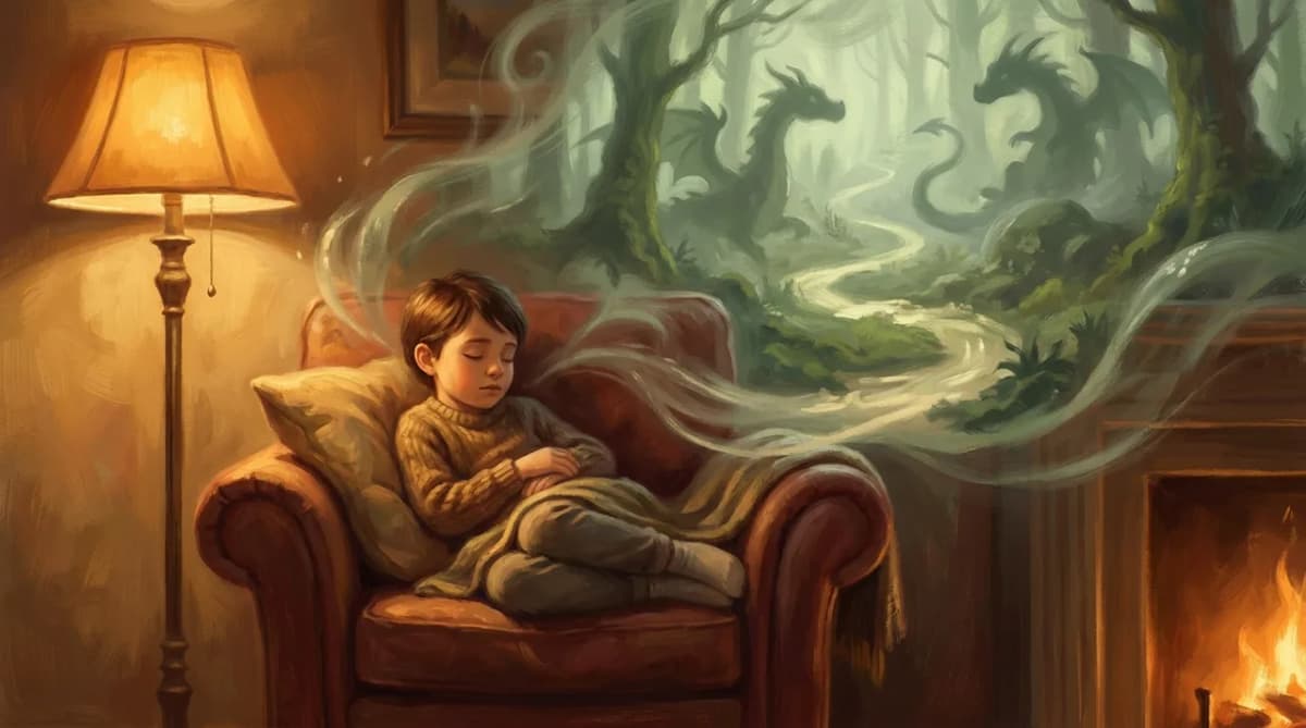 A child curled up reading on a cozy couch while a misty fantasy forest and dragons drift from their imagination