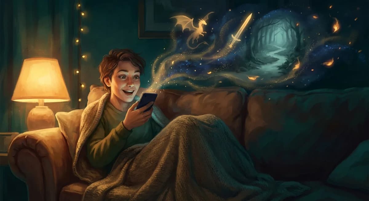 A person relaxing on a cozy couch at night, speaking into a phone with a delighted grin while a swirl of fantasy imagery, a small dragon, a sword, and a misty forest, rises from it